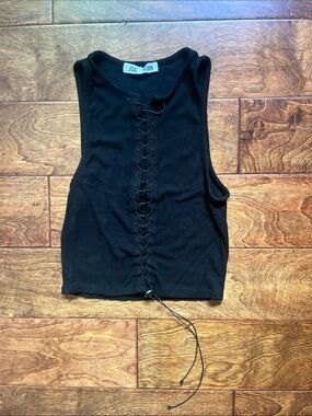 JOAH BROWN Black Ribbed Lace-Up Tank